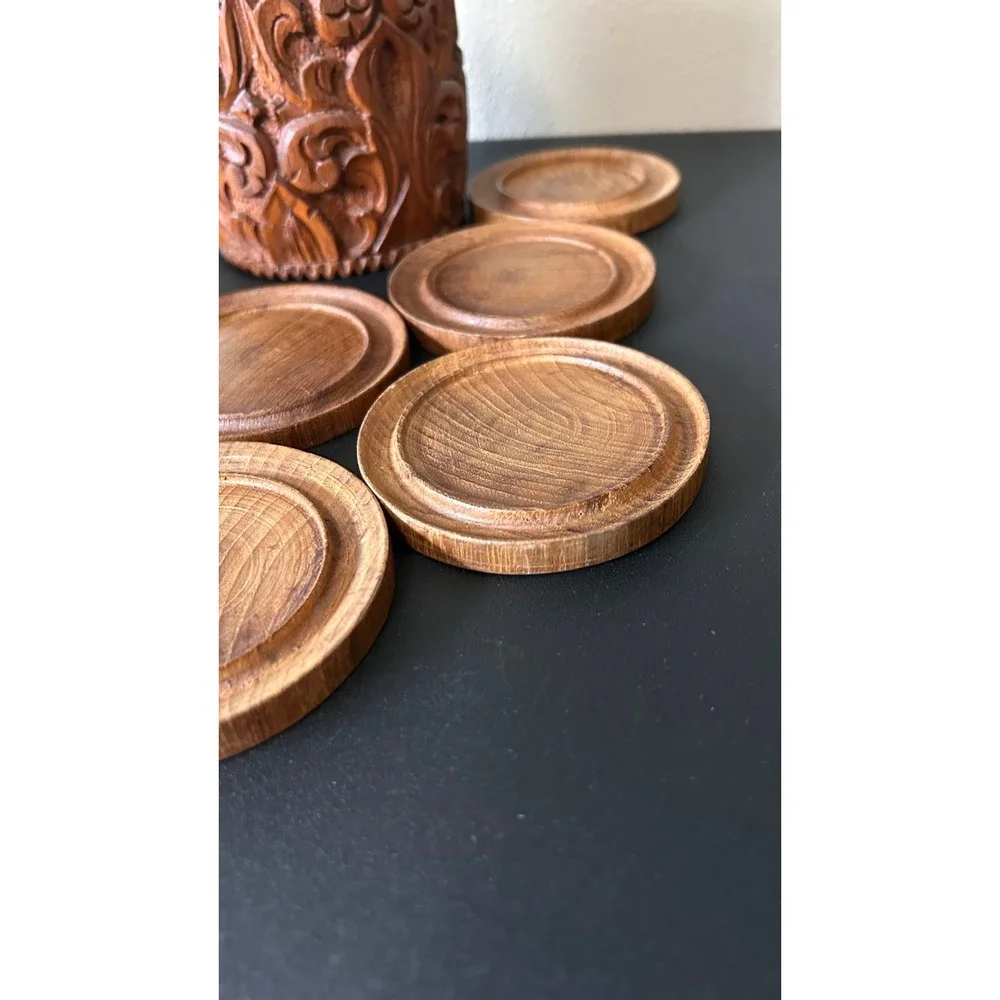 Vintage Thai Hand Carved Wood Coaster Set with Storage Canister 8 Piece Brown